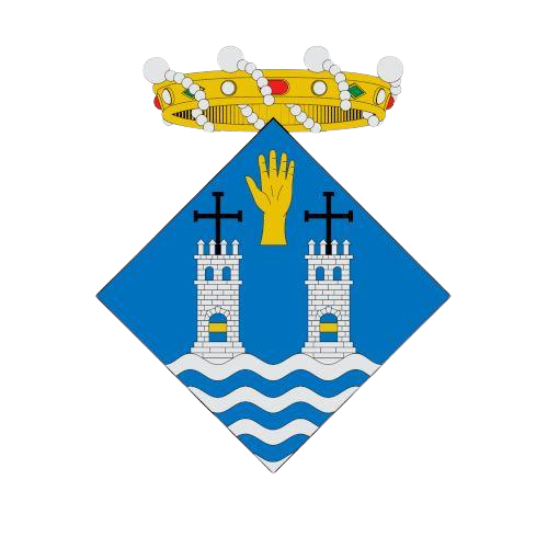 Escudo heráldico con fondo azul, dos torres blancas con cruces negras y una mano amarilla sobre ellas, coronado por una corona dorada. Las torres están sobre olas azules y blancas