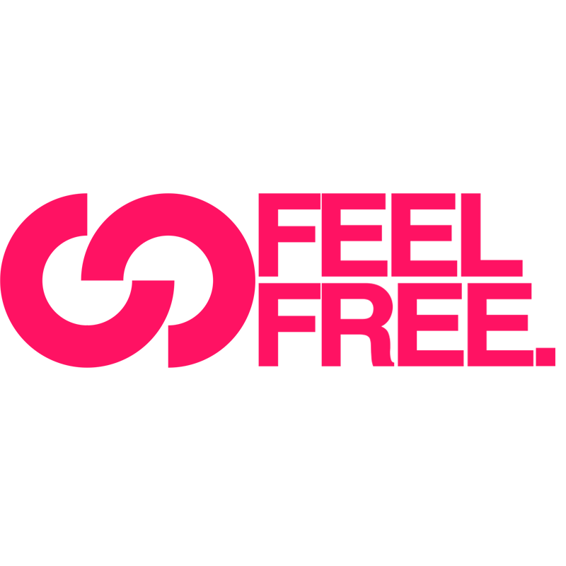 Logotipo de "Feel Free". Con un diseño moderno, muestra el texto "FEEL FREE." en rosa neón y un símbolo circular entrelazado a la izquierda.